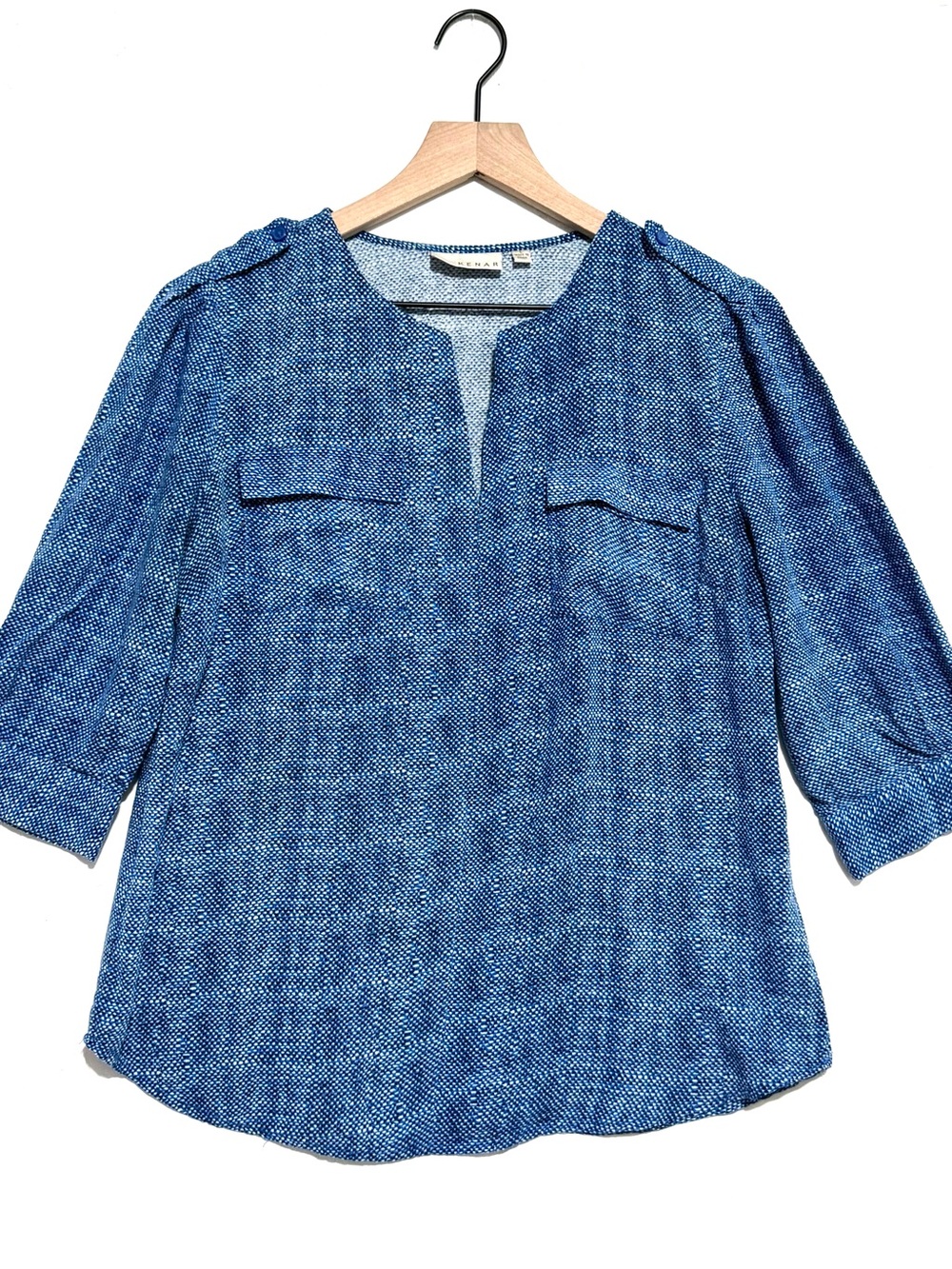 Kenar Blue Split-Neck 3/4 Sleeve Pocket Blouse size L